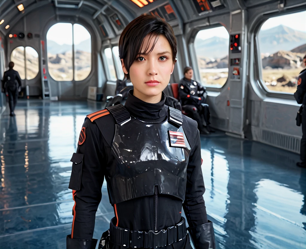 <lora:Seyn_Marana:1> (score_9, score_8_up, score_7_up, score_6_up,) seyn marana, star wars, 1girl, solo, realistic, pilot suit, science fiction, reflection, gloves, spacesuit, brown eyes, brown hair, black hair, bodysuit, short hair, looking at viewer, blurry background, spacecraft interior,