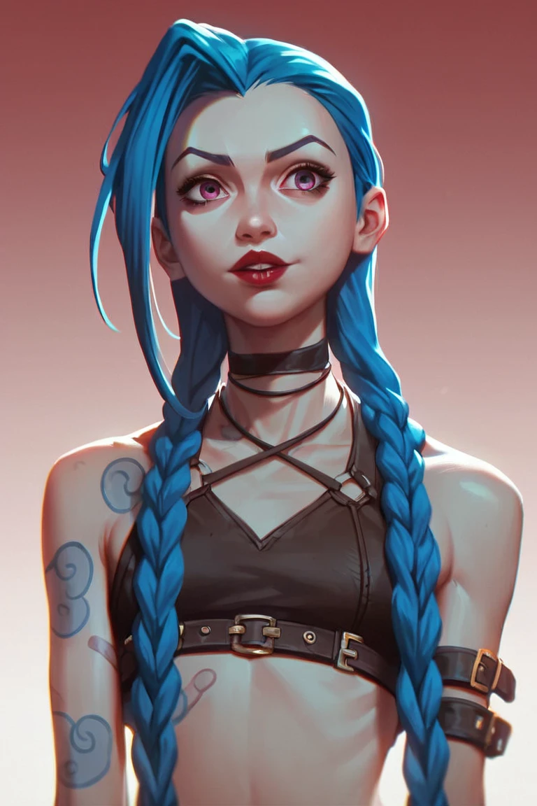 score_9, score_8_up, score_7_up, source_anime, hi res, masterpiece, best quality, highres, jinx, a woman with blue hair and a black top, 1girl, solo, long hair, bangs, parted lips, choker, shiny, gradient background, red lips