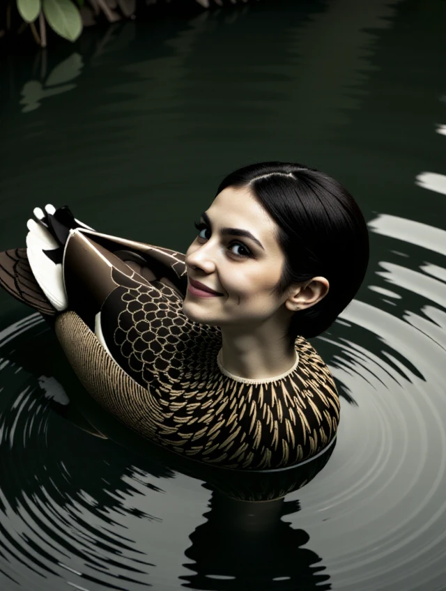 <lora:Therianthrope_FLUX:1.7> therianthrope, animal body, human face, duck body, woman's face,
This is a digital artwork featuring a surreal, hyperrealistic hybrid image. The subject is a duck with a human head, swimming in a serene, dark-toned pond. The duck's body is rendered in exquisite detail, with intricate textures and feather patterns visible, particularly on its wings and back. The water around it is calm, reflecting the duck's image and the surrounding environment.