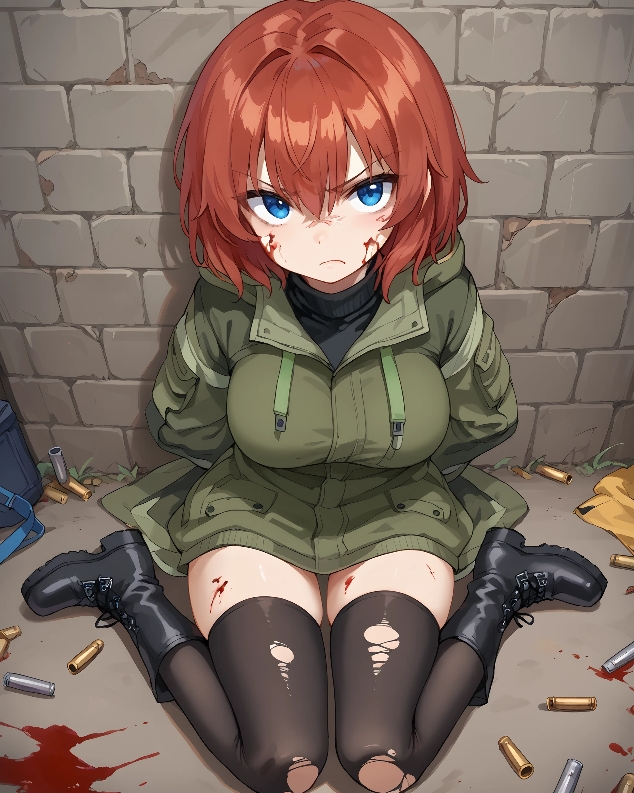 score_9, score_8_up, score_7_up, source_anime, <lora:Ayesha_Drachev_v0.22:0.8> 1girl, solo, ayesha, red hair, short hair, blue eyes, large breasts, olive hoodie jacket, black turtleneck, closed jacket, black thighhighs, black boots, hands hidden behind back, restrained, sitting on ground, pov from above, looking at viewer, angry expression, against a damaged a gray brick wall, bullets on ground, blood on ground, blood on wall,