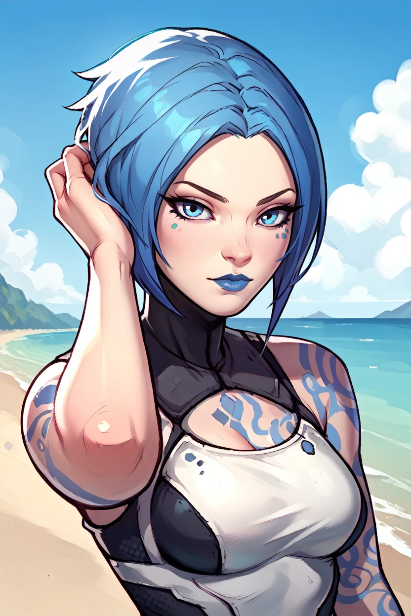 score_9, score_8_up, score_7_up, score_6_up
<lora:BLMaya:1.0>
BLMaya, 1girl, blue hair, short hair, blue eyes, tattoo, looking at viewer,  adjusting hair, upper body, sea, blue sky, white cloud, beach