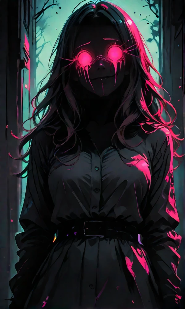 <lora:Vibrant_yandere:1> 1girl, yandere, vibrant colors, insane, silhouette, glowing eyes, wide smile, vibrant colors,  dark art