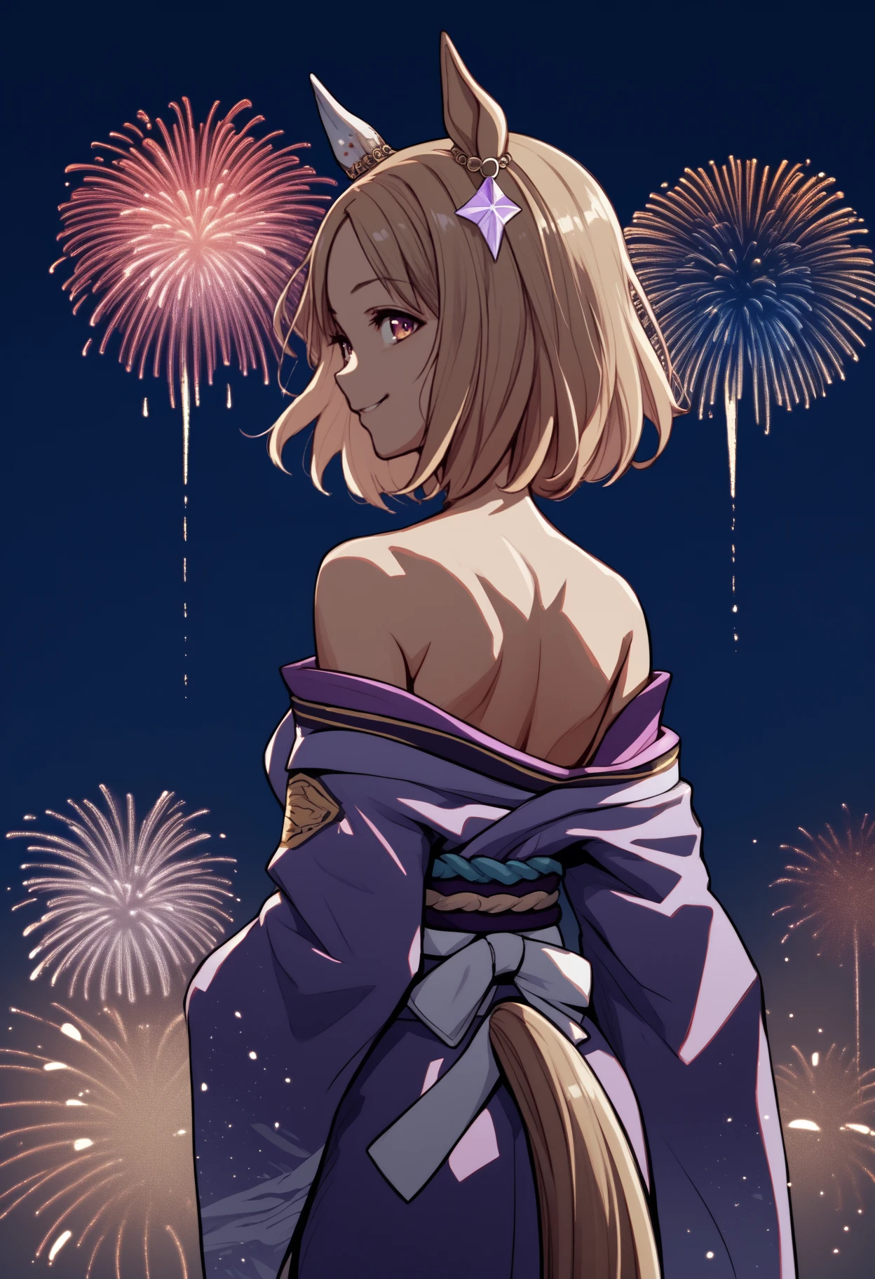 score_9, score_8_up, score_7_up, source_anime, <break> from behind, solo, 1girl, narita, horse tail, smile, looking back, short hair, animal ears, ear ornament, ear covers, single ear cover, japanese clothes, purple kimono, off shoulder, bare shoulders, fireworks
<segment:yolo-face_yolov8m.pt,0.4,0.5//cid=1>