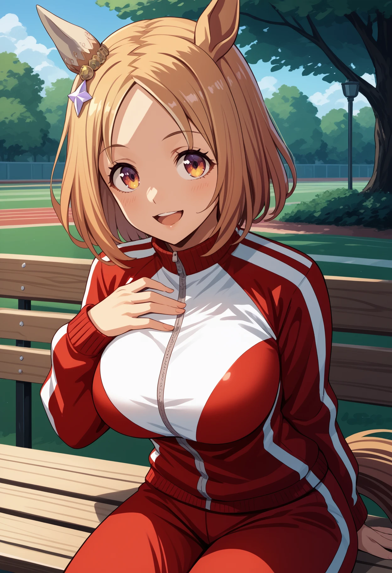 score_9, score_8_up, score_7_up, source_anime, <break> solo, 1girl, narita, smile, open mouth, looking at you, sitting, park bench, hand on own chest, horse tail, short hair, animal ears, ear ornament, ear covers, single ear cover, track suit, red jacket, track jacket, white shirt, red pants, large breasts, outdoors
<segment:yolo-face_yolov8m.pt,0.4,0.5//cid=1>