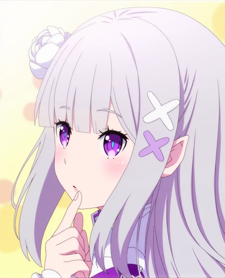 1girl, long hair, hair ornament, amlyc, solo, emilia \(re:zero\), silver hair,hair flower, purple eyes, pointy ears, x hair ornament, looking at viewer,  hair flower ,<lora:fluxAmlyc-lokr:1>,