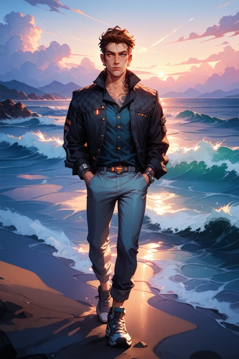 score_9, score_8_up, score_7_up, score_6_up
<lora:BLRhys:0.8>
BLRhys, 1boy, heterochromia, brown hair, android, tattoo, single mechanical arm, looking at viewer, male model walking along the shoreline at dusk, hands in pockets, waves lapping at his feet, pastel sky, calm and reflective mood