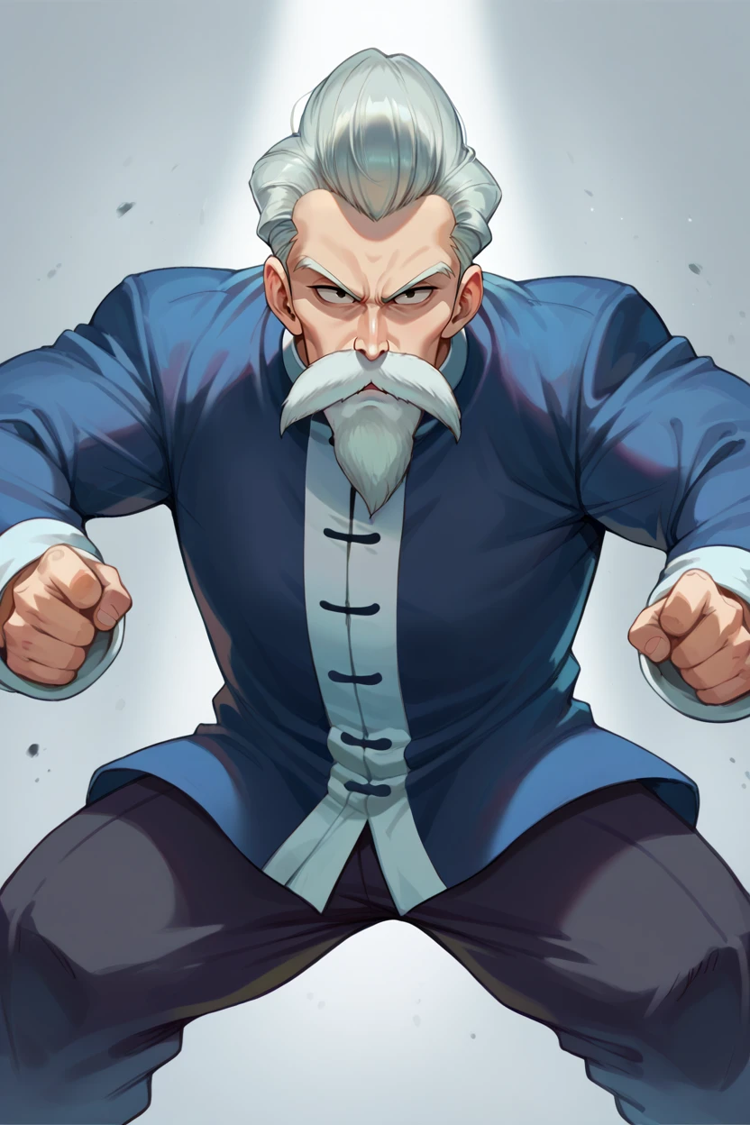 score_9, score_8_up, score_7_up, BREAK jackie chun, fighting stance, old man, male focus, grey hair, beard, mustache, chinese clothes, black jacket,black pants,black eyes,hair slicked back,    <lora:RoshiPony:1>