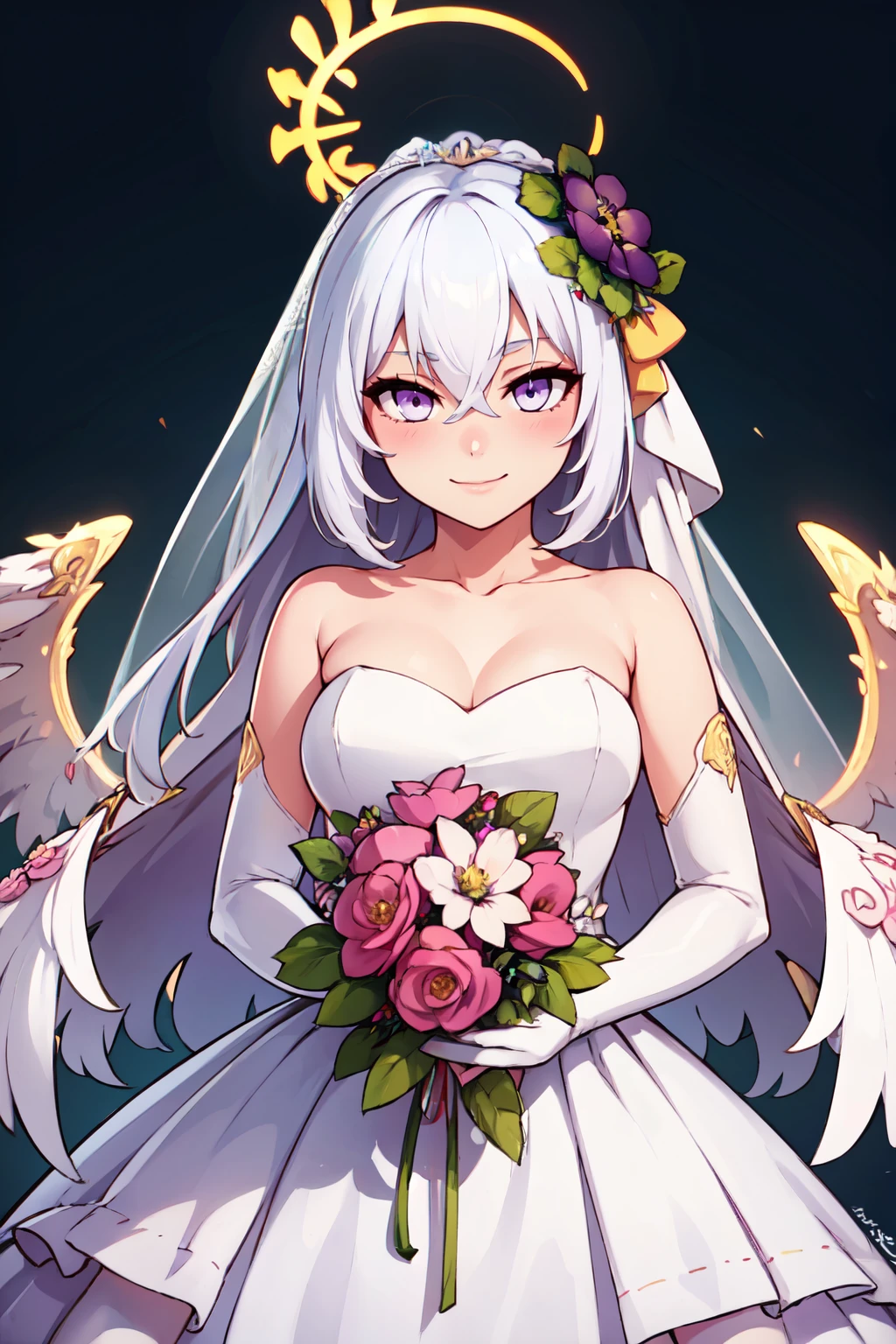 ((masterpiece,best quality)), absurdres,  BREAK, , <lora:Azusa_BlueArchive_Citron:0.8>, zzAzusa, purple eyes, white hair, long hair, halo, hair ornament,  , BREAK, bride, wedding dress, bridal veil, strapless dress, elbow gloves, holding bouquet,, BREAK, solo, smile, looking at viewer, cowboy shot,