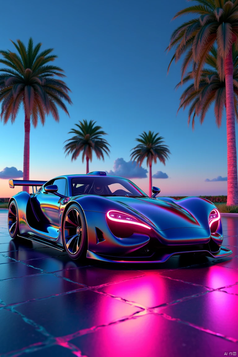 laser style,close-up,sports car,vehicle focus,palm tree,glowing neon color,luminescent particle,colorful theme,fluorescence,cloud,rim light,see-through,3d rendering,particle light effect,octane render,highly detailed,volumetric