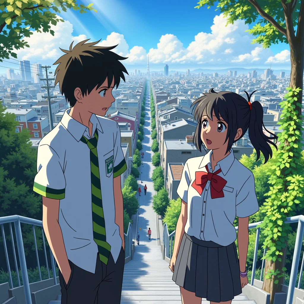 retro_anime,  a vibrant scene featuring a boy and a woman standing on a steep urban stairway with a sprawling cityscape in the background. The man, on the left side of the image, is dressed in a short-sleeved white school uniform shirt with green accents and a green striped tie. His black hair is slightly tousled, and he has a surprised or concerned expression as he looks toward the woman. Sunlight filters through the leaves of the trees above, casting soft, dappled shadows on his uniform and face, adding depth and dynamism to the scene.

The woman is positioned further down the stairs, looking up at the man with wide eyes and an expression of surprise. Her black hair is tied back in a loose ponytail, secured with a red ribbon that flutters in the gentle breeze. She is wearing a white school uniform blouse paired with a gray skirt and a red bow at her collar. Her posture suggests she was mid-step or caught off guard, adding a sense of motion to the still image.

The setting is an urban neighborhood, with rows of buildings stretching into the distance. The perspective is detailed and realistic, featuring rooftops, power lines, and distant skyscrapers. The sky is a brilliant blue with a scattering of fluffy clouds, while the sunlight illuminates the entire scene, giving it a warm, summer feel. Green trees and vines line the stairway, enhancing the natural beauty amidst the city’s architecture. The contrast between the detailed cityscape and the softer, dappled light through the leaves adds a serene yet lively atmosphere to the moment, suggesting a chance encounter or meaningful interaction between the characters