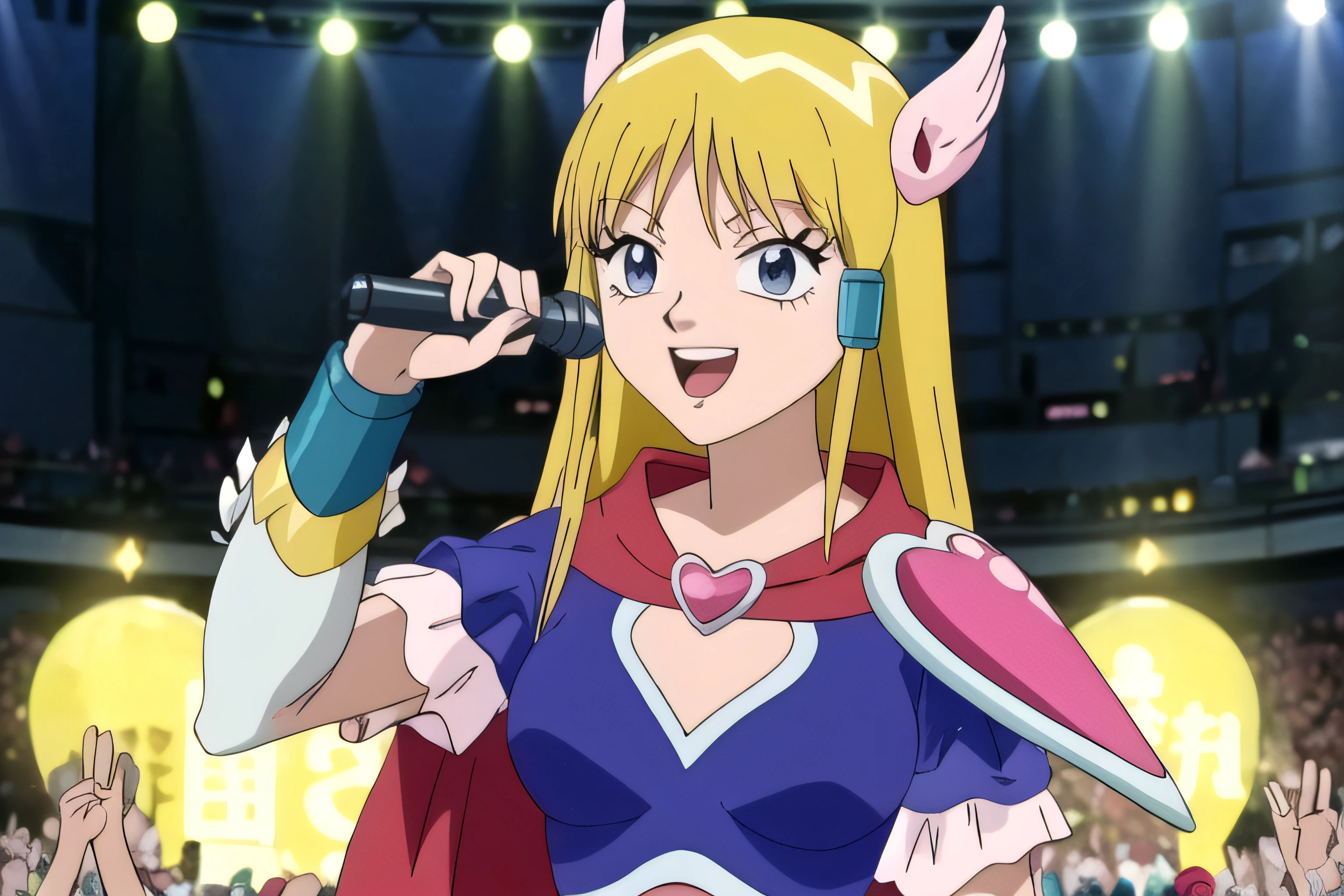 ((best quality)),((highly detailed)),masterpiece,absurdres:1.1),
anime screencap, anime coloring,  solo,  denbo,  magical girl
1girl, solo,  high quality, magical girl, blonde hair, red cape, blue tube top,  hair accessories, blonde hair, blue eyes, headshot, upper body, posing, singing into microphone, winking, smiling,
 masterpiece, best quality, pretty, cute, detailed, jpop concert performance, concert stage, curtains, stage lights, sparkles