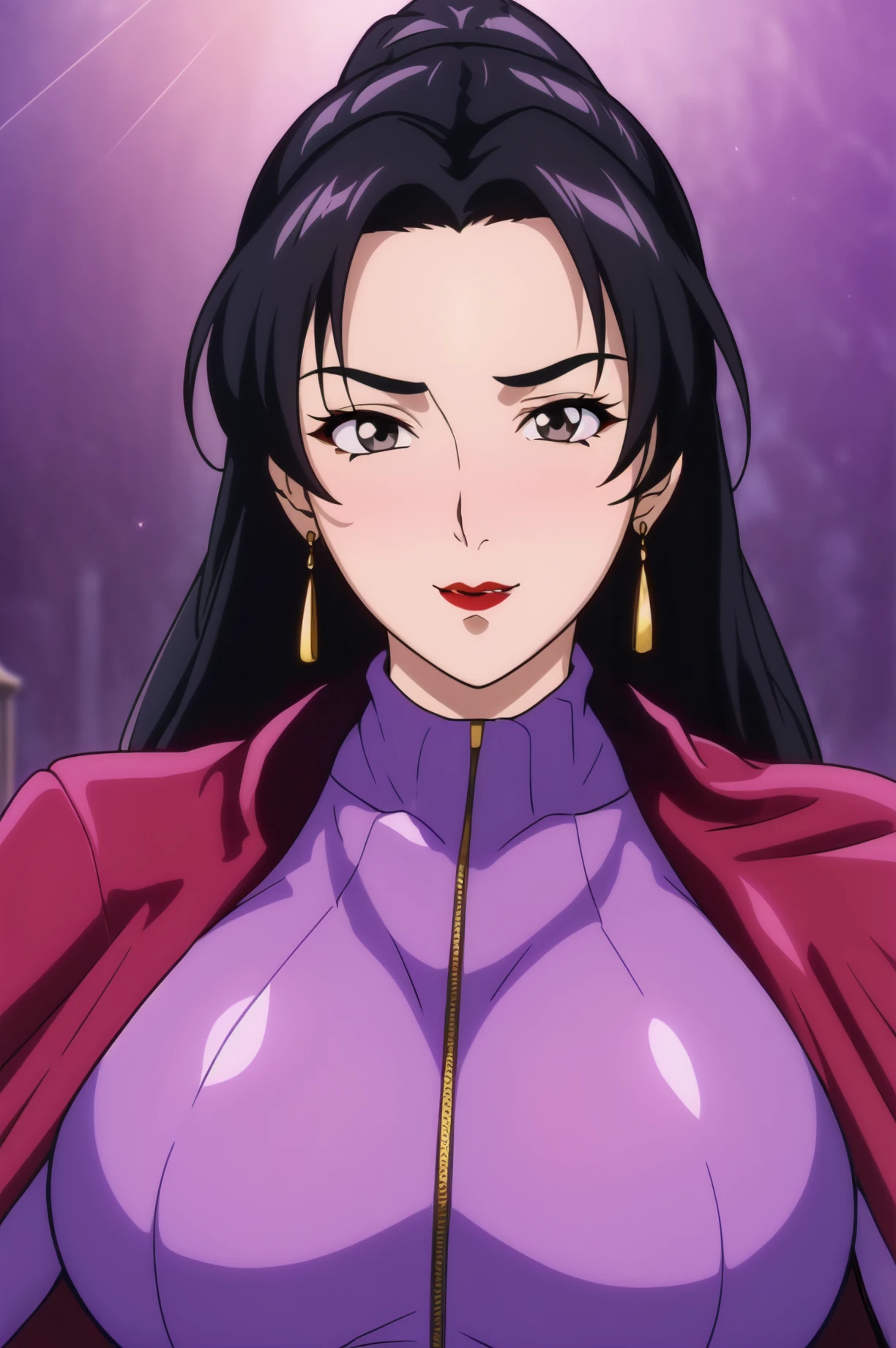 Simple Background,(Purple_Background:1.1),
dynamic pose,standing at attention,
Purple cape,Red jacket, turtleneck, long sleeves, formal,
<lora:Cherin_ChukaIchiban-KK77-V1:0.7>,Cherin_ChukaIchiban,earrings, jewelry,
black eyes, black hair,bangs,Long hair,Makeup, red lipstick, 
<lora:more_details:0.1>,<lora:NovelAI_YesMix5_KKStyle-KK77-Yes5-V1:0.3>,<lora:Oda_Non_Style2-KK77-Yes5-V1:0.3>,
1 girl, 20yo,Young female,Beautiful long legs,Beautiful body,
Beautiful Nose,Beautiful character design, perfect eyes, perfect face,expressive eyes,perfect balance,
looking at viewer,(Focus on her face),closed mouth, (innocent_big_eyes:1.0),(Light_Smile:0.3),
official art,extremely detailed CG unity 8k wallpaper, perfect lighting,Colorful, Bright_Front_face_Lighting,White skin,
(masterpiece:1.0),(best_quality:1.0), ultra high res,4K,ultra-detailed,
photography, 8K, HDR, highres, absurdres:1.2, Kodak portra 400, film grain, blurry background, bokeh:1.2, lens flare, (vibrant_color:1.2),professional photograph,
(Beautiful,large_Breasts:1.4), (beautiful_face:1.5),(narrow_waist),