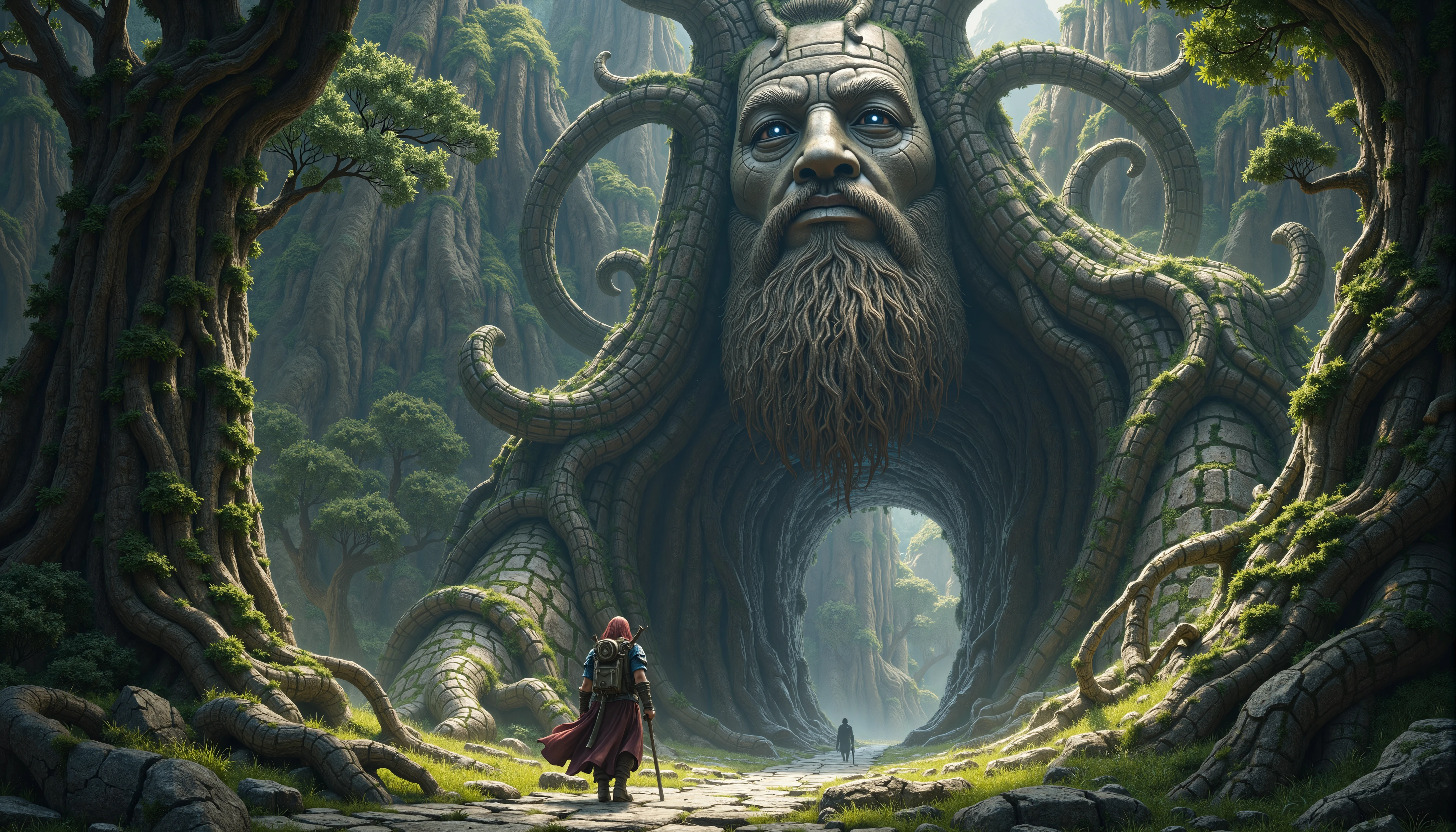 In an ancient, overgrown valley, massive stone figures stand intertwined with ancient trees, their colossal forms carved from both rock and living wood. Each figure, with a face of stone and bodies overgrown with vines and moss, forms an archway, creating a grand passage through a forgotten world. Their expressions are solemn and eternal, as though they watch over the land they are a part of. The giant statues appear to have once been guardians or gods, now fused with the earth, their roots and branches stretching across the sky.
A lone traveler, strong and battle-hardened, walks beneath these towering figures, the sunlight filtering through the trees and casting long shadows across the path. In the distance, a massive circular gateway, formed by the trunks of trees and stone, beckons the traveler toward an ancient, mystical forest. The air hums with the energy of forgotten myths, and the traveler can sense that the towering figures hold the secrets of a long-lost civilization