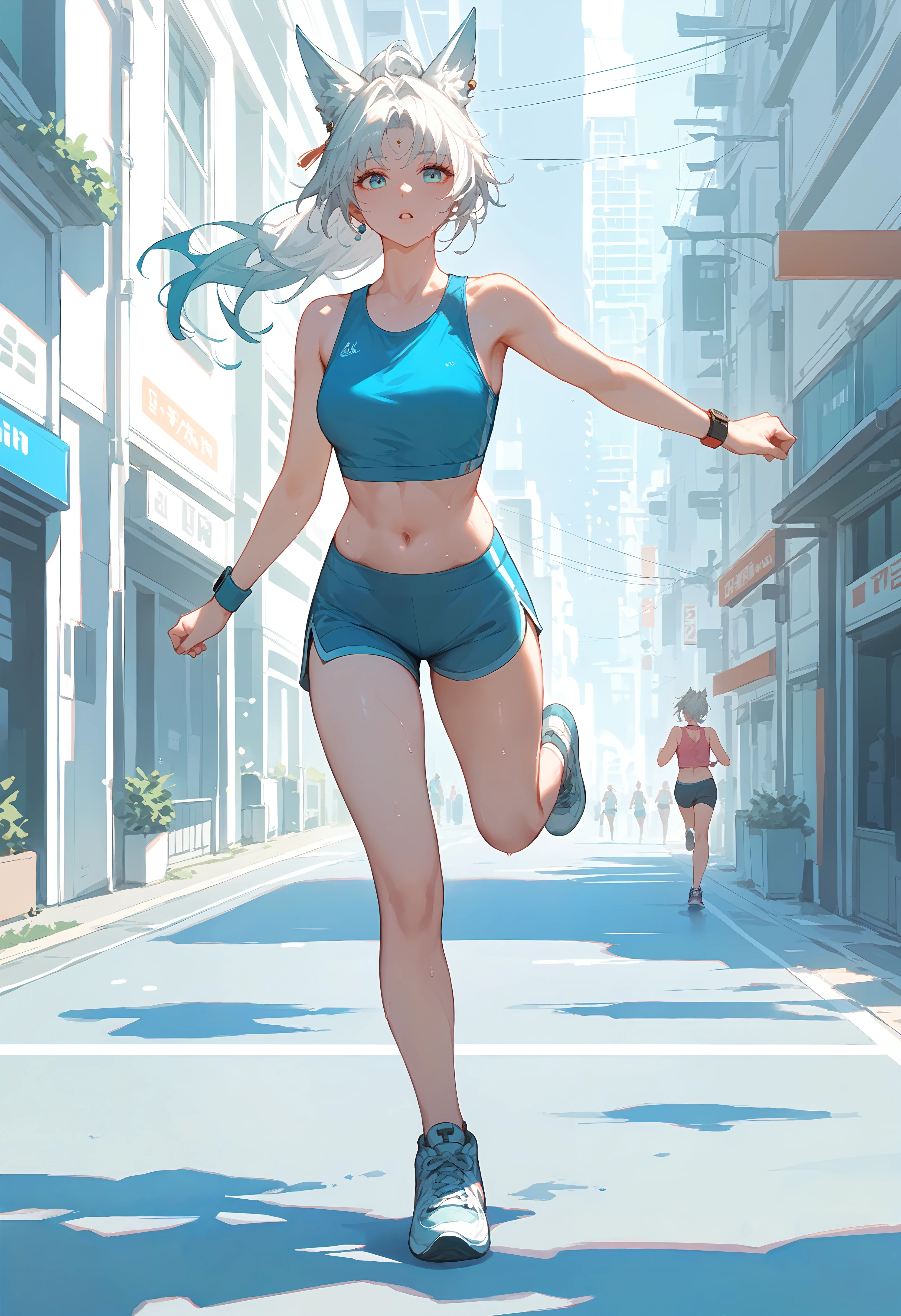 (score_9, score_8_up, score_7_up), 1girl, feixiao, crop top, sleeveless, navel, yoga short, wristwatch, sneakers, jogging, city street, shadow, parted lips, sweat, <lora:feixiao-strPO-v1A:0.9>