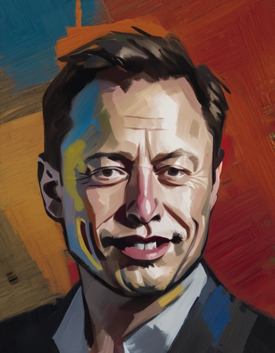 Abstract expressionist painted portrait of Elon Musk. Harsh brushstrokes, colorful abstract background.  <lora:Disco_Elysium_Portrait_SDXL:1>