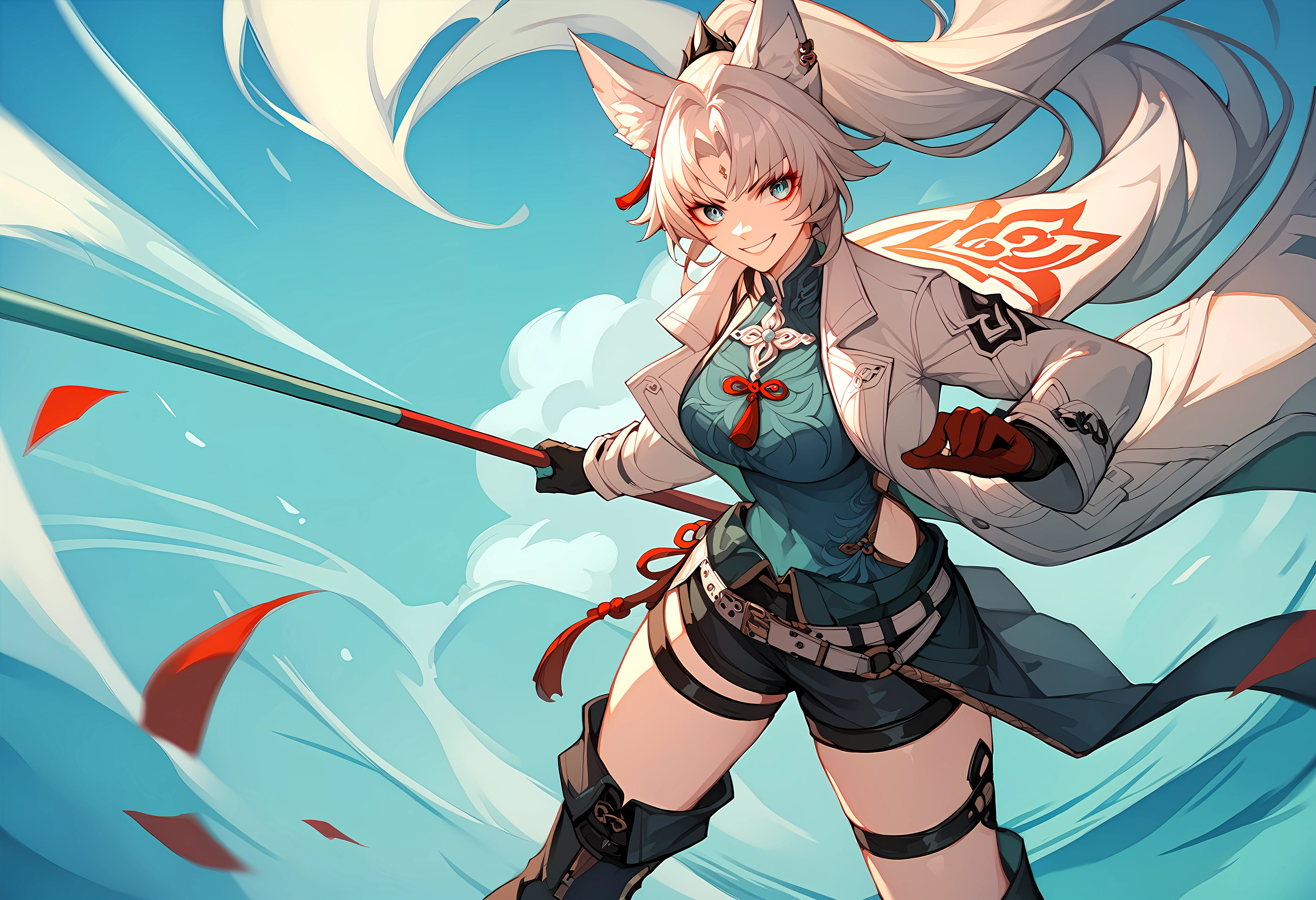 (score_9, score_8_up, score_7_up), 1girl, solo, feixiao, open coat, black gloves, half-skirt, double thigh strap, knee boots, holding flagpole, smile, fighting stance, <lora:feixiao-strPO-v1A:0.9>