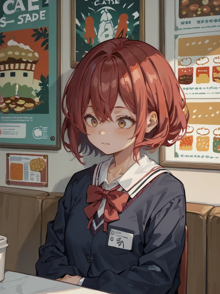 score_9,score_8_up,score_7_up,source_anime,1girl,<lora:wall_posters:1>,poster \(object\),upper body,sitting,cafe,looking down,short red hair,school uniform,