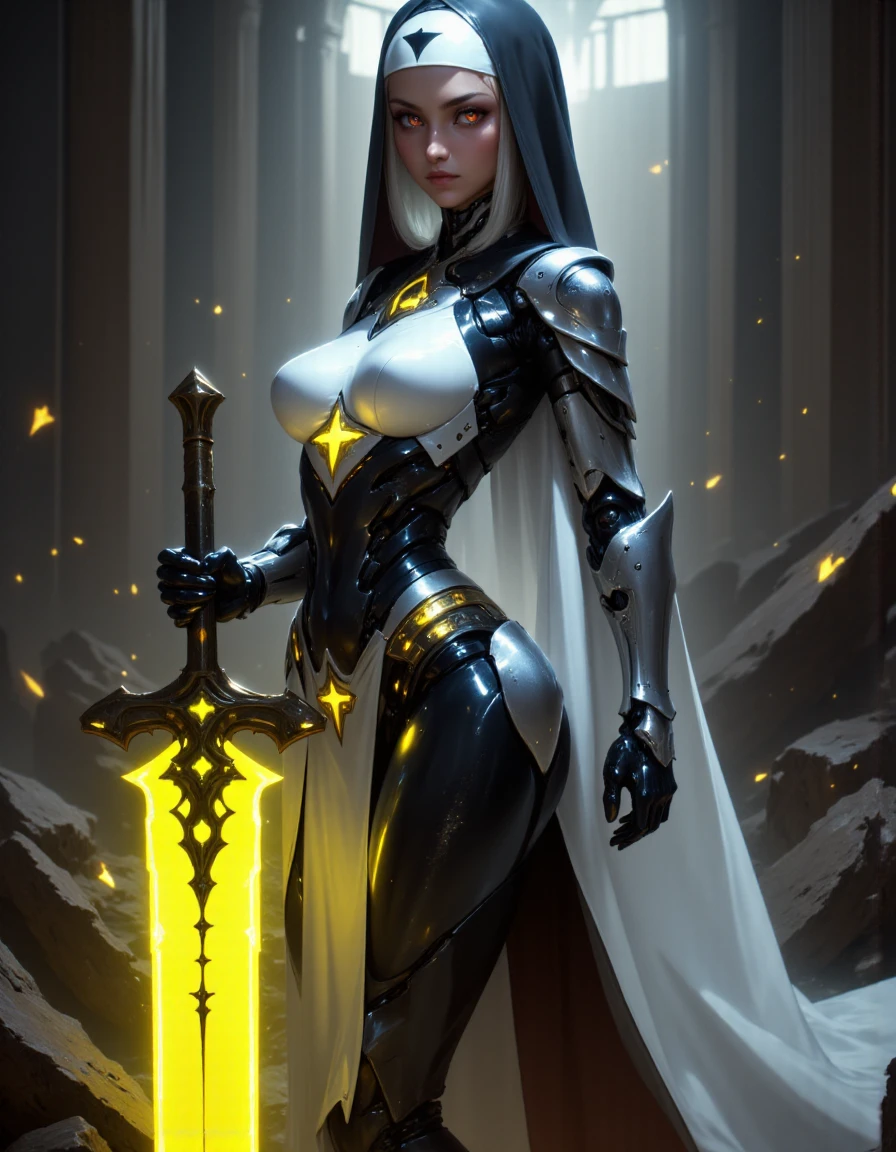 hknuns, Full-body shot of a gorgeous futuristic cyborg woman, wearing a nuns outfit, holding a yellow glowing sword in her hand, with a yellow light emanating from the tip of her sword.  <lora:Fluxhknuns-000001:1> <lora:fsstyle:1>