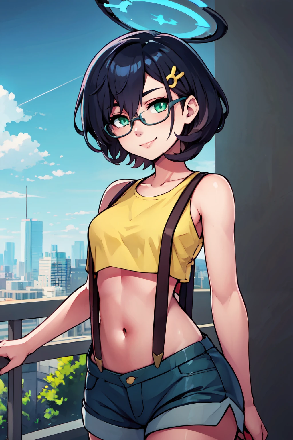 ((masterpiece,best quality)), absurdres,  BREAK, , <lora:Chihiro_BlueArchive_Citron:0.8>, zzChihiro, green eyes, black hair, short hair, glasses, halo, hair ornament, , BREAK,  <lora:Misty_Pokemon_Cosplay_v3:0.8>,  misty (pokemon) (cosplay), yellow crop top, suspenders,, BREAK, solo, smile, looking at viewer, cowboy shot,