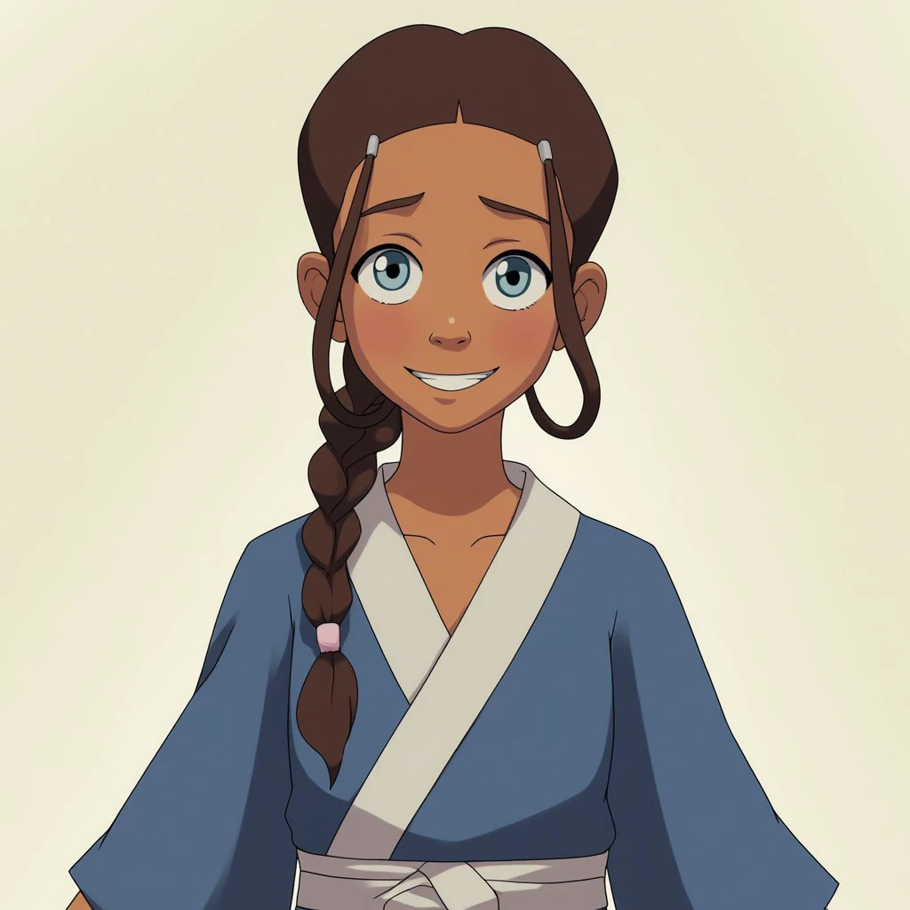 This is a digital drawing in a stylized, semi-realistic anime-inspired art style. The scene depicts Katara, a young woman with a warm, inviting smile
Katara has light brown skin and light blue eyes. She has brown hair and a single braid. She is looking directly at the viewer.
She is dressed in a traditional blue robe with a white sash tied around the waist.