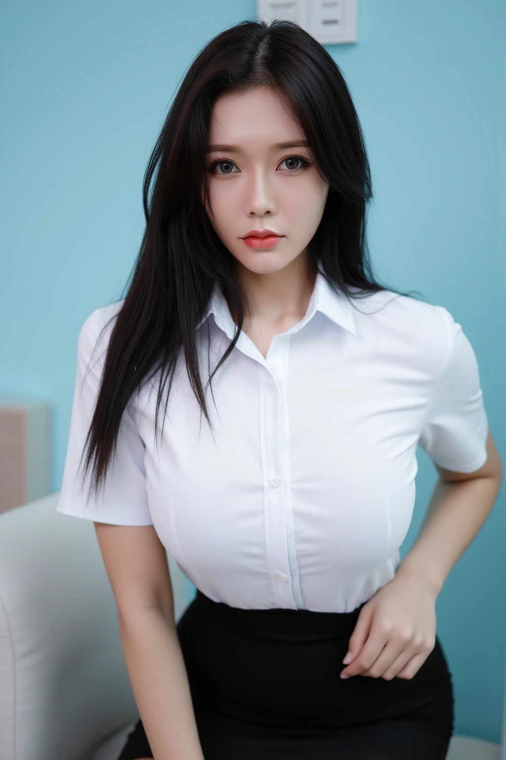 Photorealistic, high resolution, 1 Women, Solo, Hips up, view the viewer, (Detailed face), White hair, Long hair, Secretary uniform, Skirt,Stretching exercises,