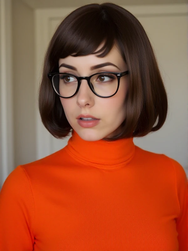 Velma is a woman. she wears glasses and an orange turtleneck. Closeup face portrait<lora:Velma:0.9>