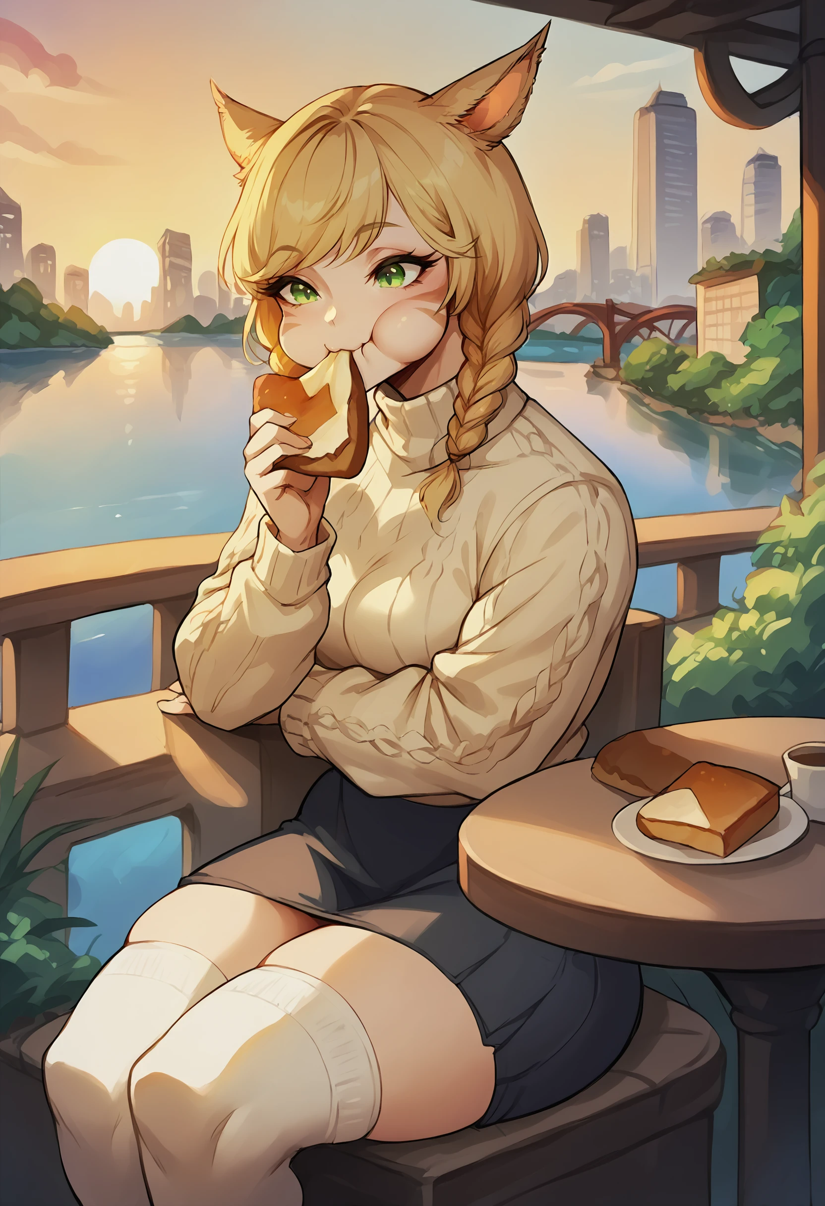 score_9, score_8_up, score_7_up, puffy cheeks, puffy-cheeks, miqo'te, blonde hair, short hair, whisker markings, green eyes, twin braids, happy, cafe, bridge, river in background, sitting at table, sunset, sweater, skirt, thighhighs,eating, cityscape, toast
<lora:puffy cheeks (pony) v1:1> <lora:miqote (pony) v1:1>