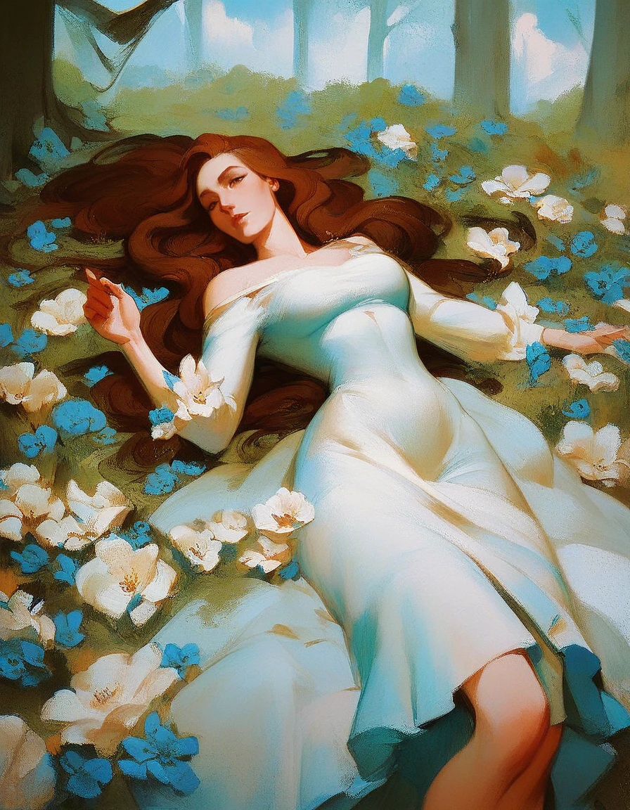 score_9, score_8_up, score_7_up, score_6_up, painting, MTGr3b3cc4, 1girl, solo, long hair, brown hair, dress, flower, lying, on back, tree, traditional media, <lora:MTGr3b3cc4-pony:1>