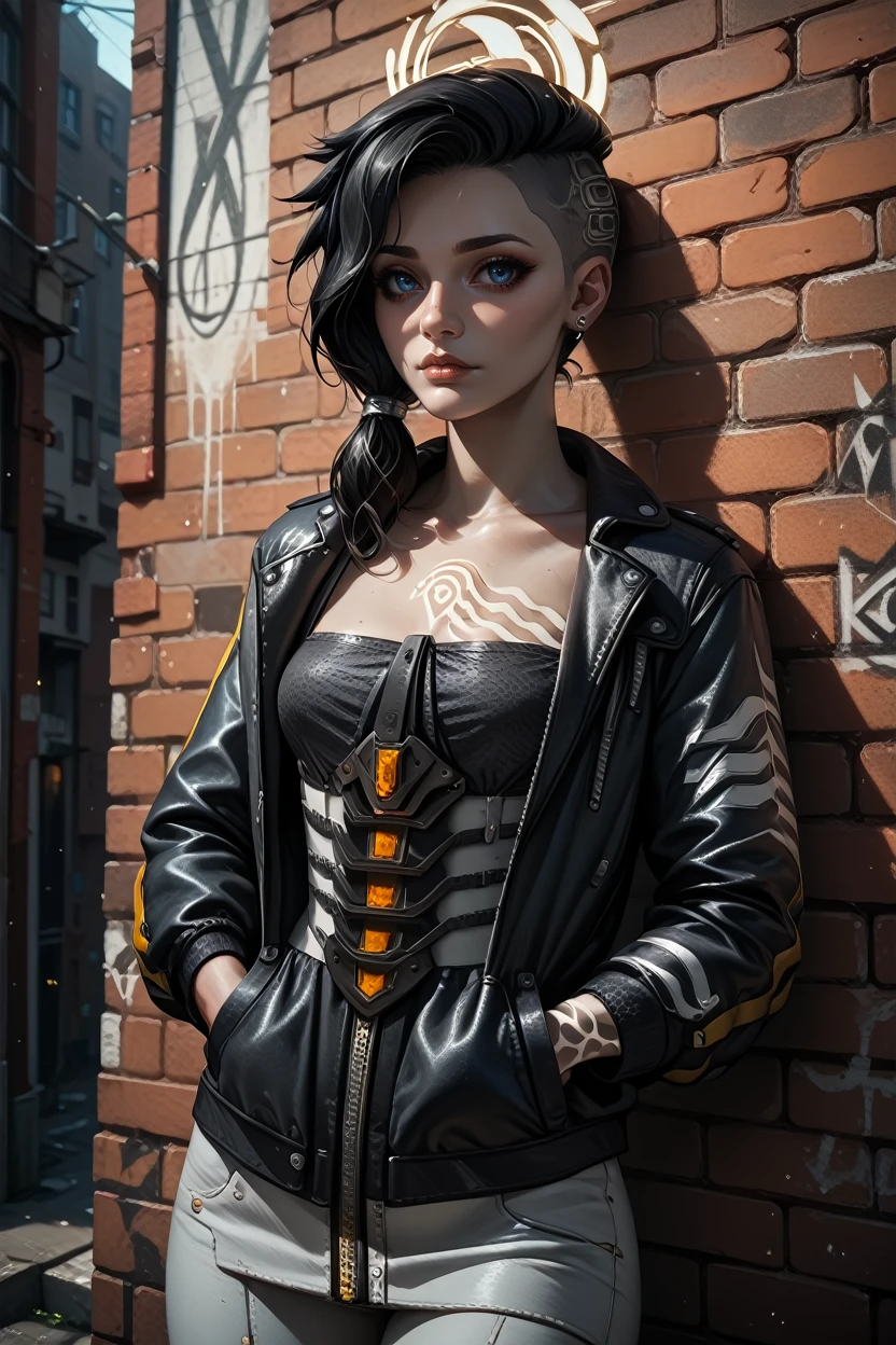 score_9, score_8_up, score_7_up, score_6_up
<lora:BLAngel:1.0>
BLAngel, 1girl, black hair, long hair, blue eyes, undercut, tattoo, looking at viewer, leaning against a brick wall, hands in jacket pockets, urban alleyway with graffiti art, moody lighting with shadows, edgy and modern vibe