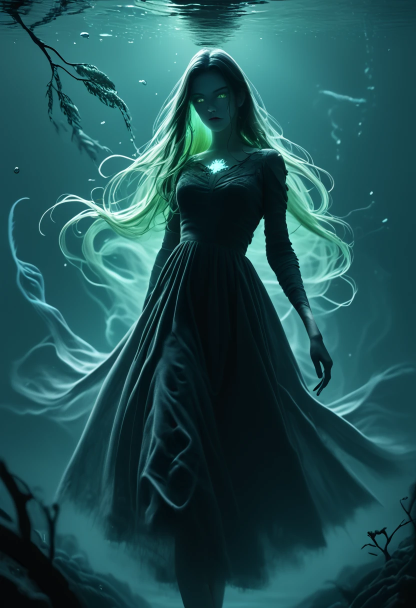 a spectral woman in a tattered white dress, gliding over the surface of a blackened lake, her eyes glowing faintly, long hair flowing as if underwater, the moon's reflection shattered in the ripples beneath her, surrounded by dead trees whose branches look like twisted fingers, soft mist hovering above the water, ethereal and ghostly atmosphere, fantasy realism, soft focus with glowing highlights, ethereal lighting to emphasize her otherworldly presence , glowing eyes,aura,smoke,, <lora:Best_of_Pony_v10_Dark_Aesthetic:1>, best_of