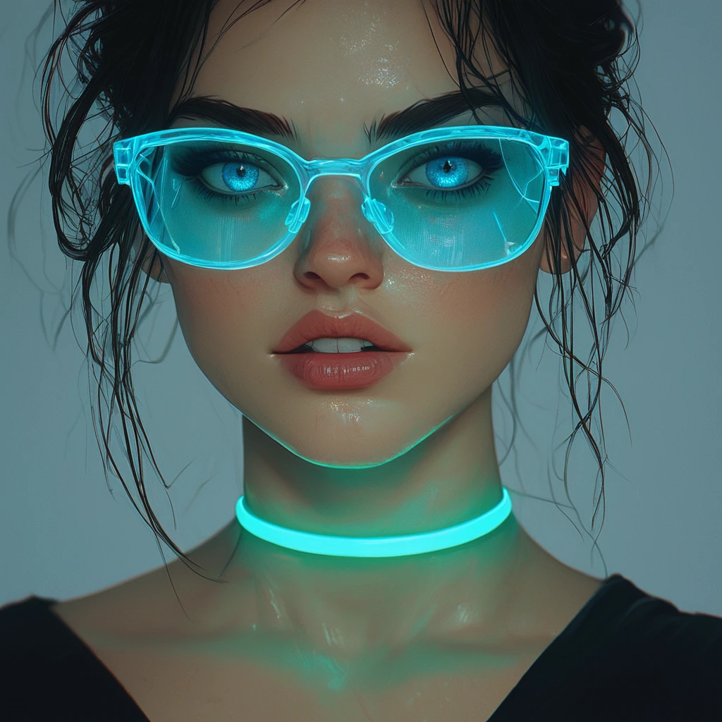 score_9, score_8_up, score_7_up, FFGA, Glowing choker, glowing glasses, blue glow, black hair, blue eyes, calm but angry,