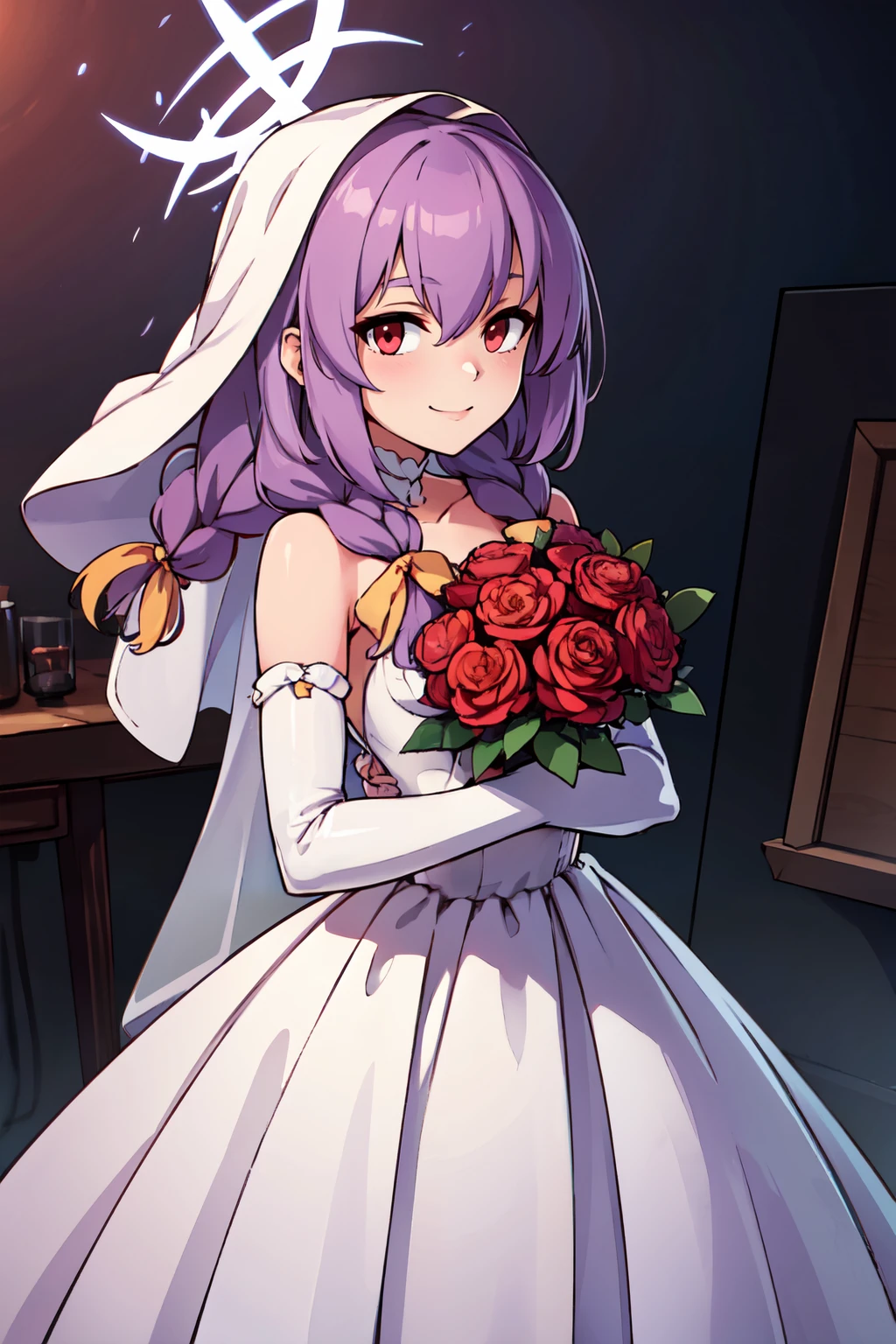 ((masterpiece,best quality)), absurdres,  BREAK, , <lora:Atsuko_BlueArchive_Citron:0.8>, zzAtsuko, red eyes, purple hair, long hair, twin braids, halo , BREAK, bride, wedding dress, bridal veil, strapless dress, elbow gloves, holding bouquet,, BREAK, solo, smile, looking at viewer, cowboy shot,