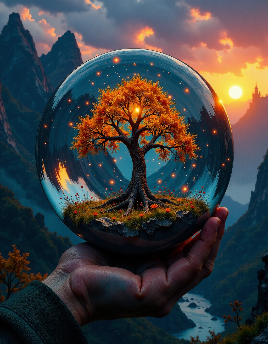 A breathtakingly magical scene inside a perfectly transparent glass ball, floating in the air. Inside the ball, a glowing tree of life with intricate golden roots and luminous leaves shines softly, surrounded by swirling blue and purple mist. Tiny sparks of light like stars hover around the tree, creating an ethereal glow. The ball reflects a distant epic background: towering mountains with cascading waterfalls, a fiery sunset casting vibrant hues across the sky, and an ancient castle on a cliff, its turrets reaching for the sky. The entire scene feels surreal and enchanted, like something from a dream,  darkfantasycollagestyle ,   <lora:flux-collagestyle:1>,