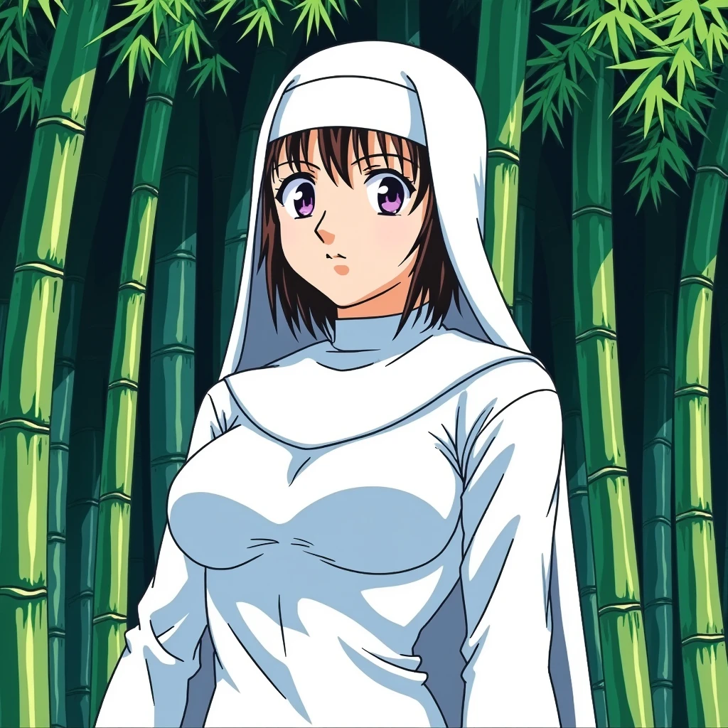 manga style art of  <lora:Bible Black style v1:1.1>
In Adult animation style, In Manga and Anime cartoon style a nun woman in a white robe standing in front of a bamboo forest, 1girl, solo, breasts, looking at viewer, large breasts, purple eyes, upper body, hood, nature, cloak, forest, retro artstyle, bamboo, hooded cloak, bamboo forest, anime coloring eroge, anime, manga, nsfw, cartoon, Adult animation, explicit, Original video animation, Baiburu Burakku style, Bible Black style, nun, habit, 1990s (style), anime coloring, traditional nun, vibrant, high-energy, detailed, iconic, Japanese comic style, manga