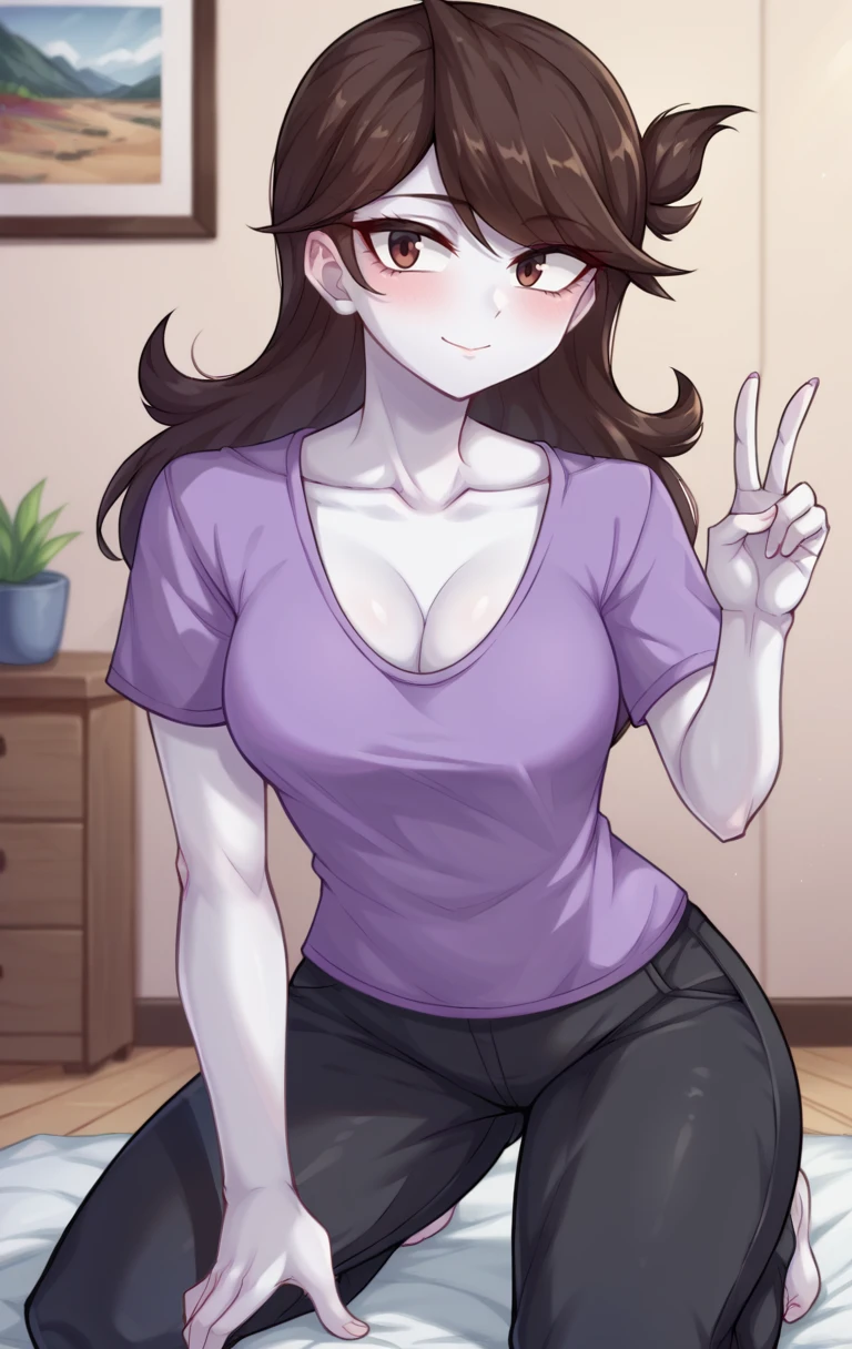 score_9,score_8_up,score_7_up BREAK <lora:jaiden:1>,jaidenSDXL,1girl,long hair,brown hair,shirt,cleavage,collarbone,short sleeves,pants,black pants,white skin,purple shirt,cowboy shot,room,room background,kneeling,v,