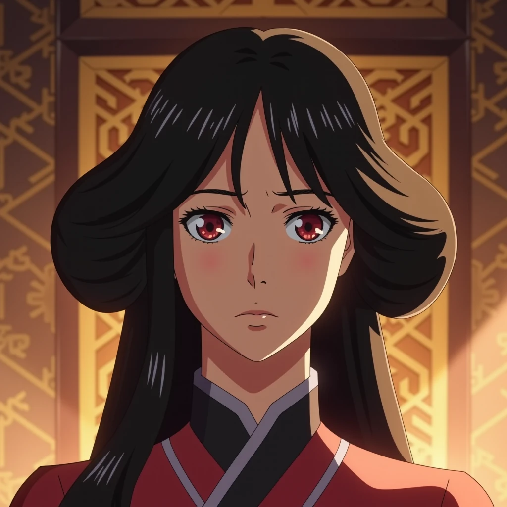retro_anime, a close-up of a young woman with long dark hair styled symmetrically, giving her an elegant and composed appearance. Her hair is parted in the middle, with large, rounded sections framing both sides of her face. She wears traditional clothing, the intricate design of which includes delicate, refined details around the collar. Her serious and calm expression conveys a sense of importance or formality, as she looks straight ahead with focus and poise.
Her large, striking red eyes, with a soft reflective shine, stand out against her fair complexion. The lighting is soft, creating a gentle glow on her face, emphasizing the serene and composed nature of her character. A decorative background filled with ornate patterns and warm colors further enhances the regal atmosphere of the scene, suggesting that she may be in a ceremonial or formal setting.
The mood of the image is elegant and serene, capturing the woman in a moment of quiet dignity. The use of soft shading, detailed clothing, and an ornate background creates a sense of cultural or ceremonial significance, suggesting that she is part of a formal event or tradition. The balanced composition of her hairstyle and facial features adds to the calm and focused aura that surrounds her.