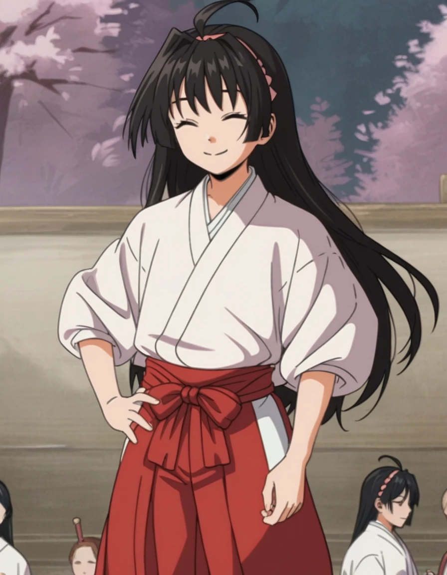 1girl, <lora:AYAKO:1> ayako, tall, japanese clothes,long hair,miko,hakama,red hakama,smile,closed eyes, ,score_9, score_8_up, score_7_up,source_anime,rating_safe,