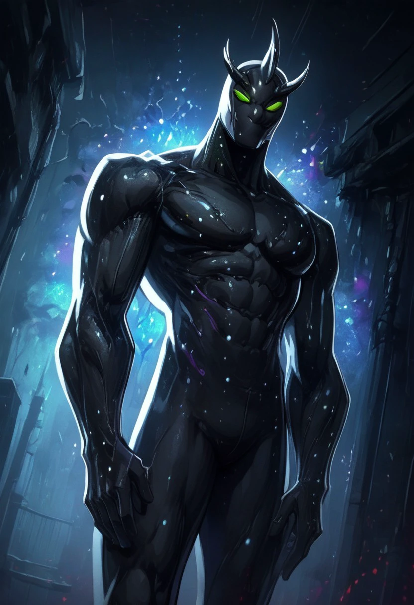 score_9, score_8_up, score_7_up, male, alien X, alien, black body, no mouth, no nose, no pupils, green eyes, (Galaxy texture on the body), antennae, source_anime, 1boy, solo, muscular:1.3, hands, (((dutch angle, posing, from below, looking at viewer))) (nude)
BREAK
city, ruins, back alley, outside, night,