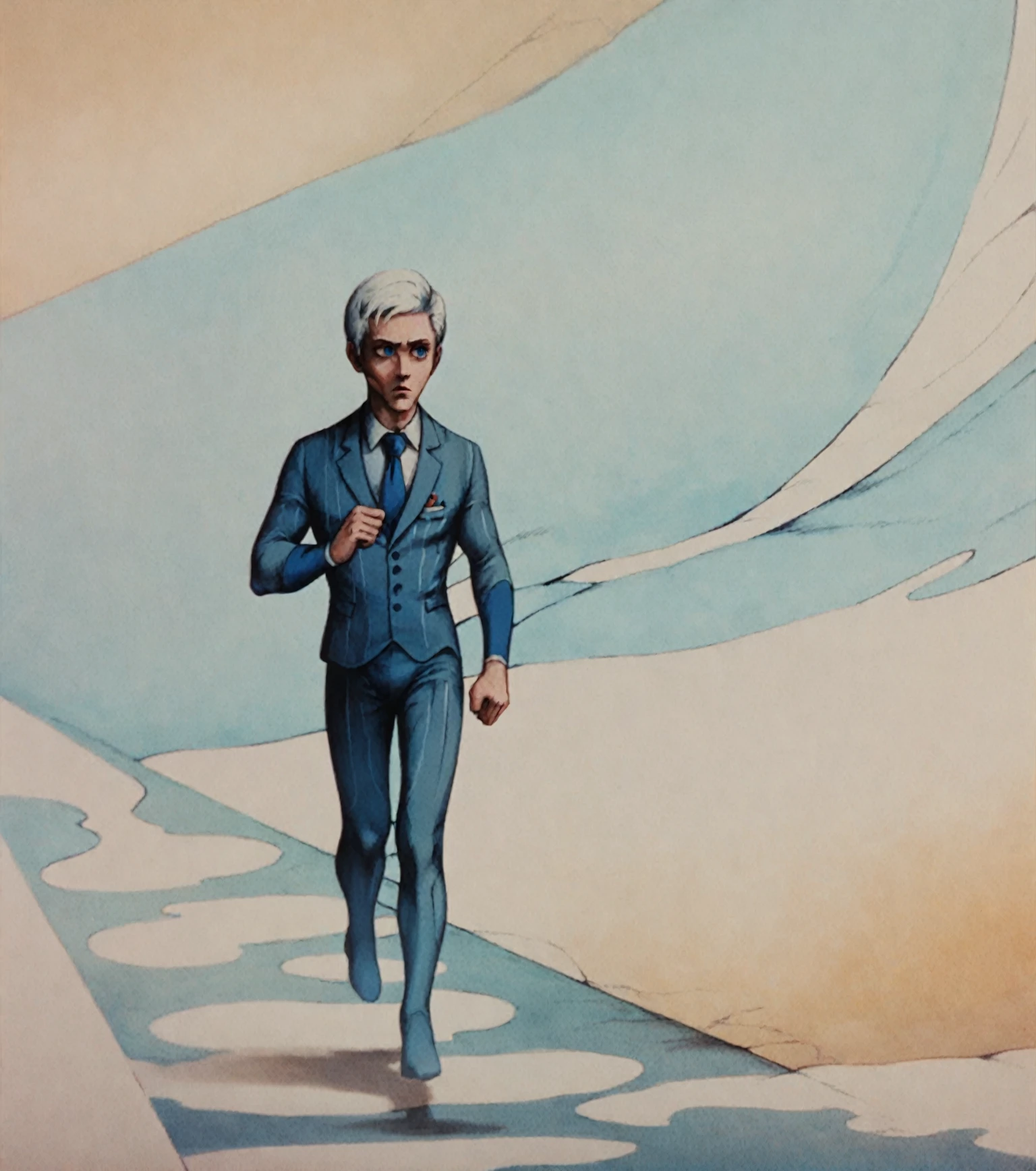 <lora:fantaplanet_pony_v1:1> a frame from "fantastic planet \(1973\)", surreal,abstract,  <lora:Whitley_SchneeRWBY_Pony:1> (whitleyschnee running:1.1) , 1boy, blue eyes, white hair, necktie, male focus, formal, score_9, score_6_up, score_7_up