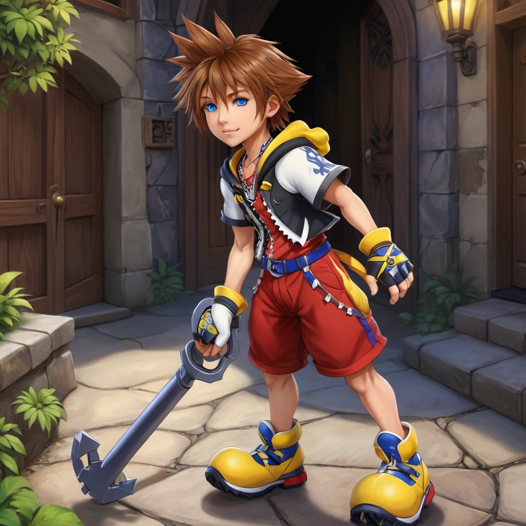 SoraKHXL <lora:SoraKingdomHeartsXL-000190:.8>, blue eyes, 1boy, [yellow] shoes, red shorts, brown hair, keyblade key, white sleeves, (anime, masterpiece, intricate:1.3), (best quality, hires textures, high detail:1.2), (4k),(incredibly detailed:1.4),UHD, 8K, ultra detailed