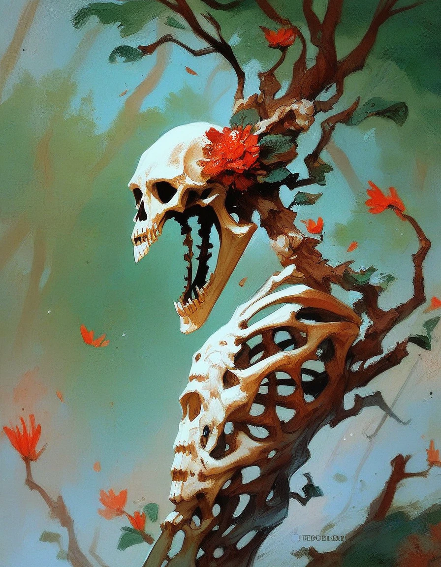 score_9, score_8_up, score_7_up, score_6_up, painting, MTGr3b3cc4, flower, tree, no humans, traditional media, parody, nature, skull, skeleton, bone, fine art parody, <lora:MTGr3b3cc4-pony:1>