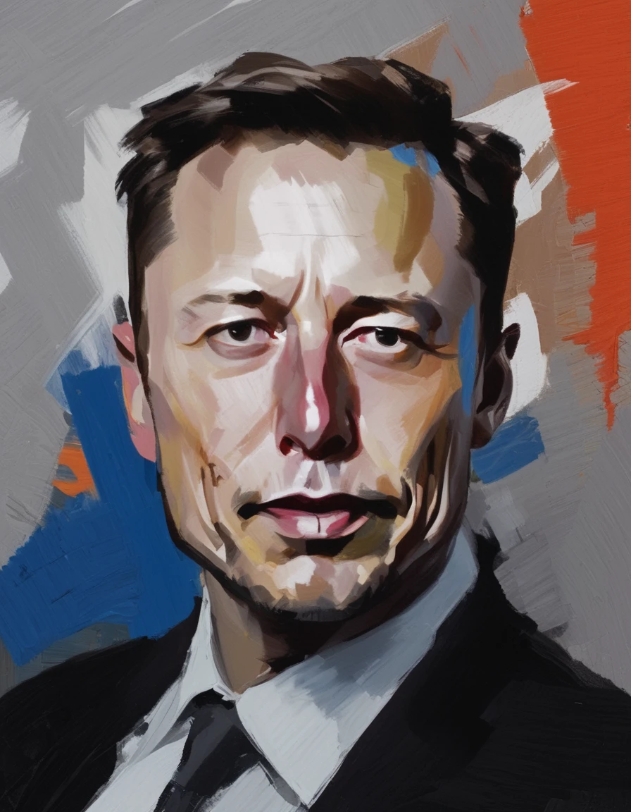 Abstract expressionist painted portrait of Elon Musk. Harsh brushstrokes, colorful abstract background.  <lora:Disco_Elysium_Portrait_SDXL:1>