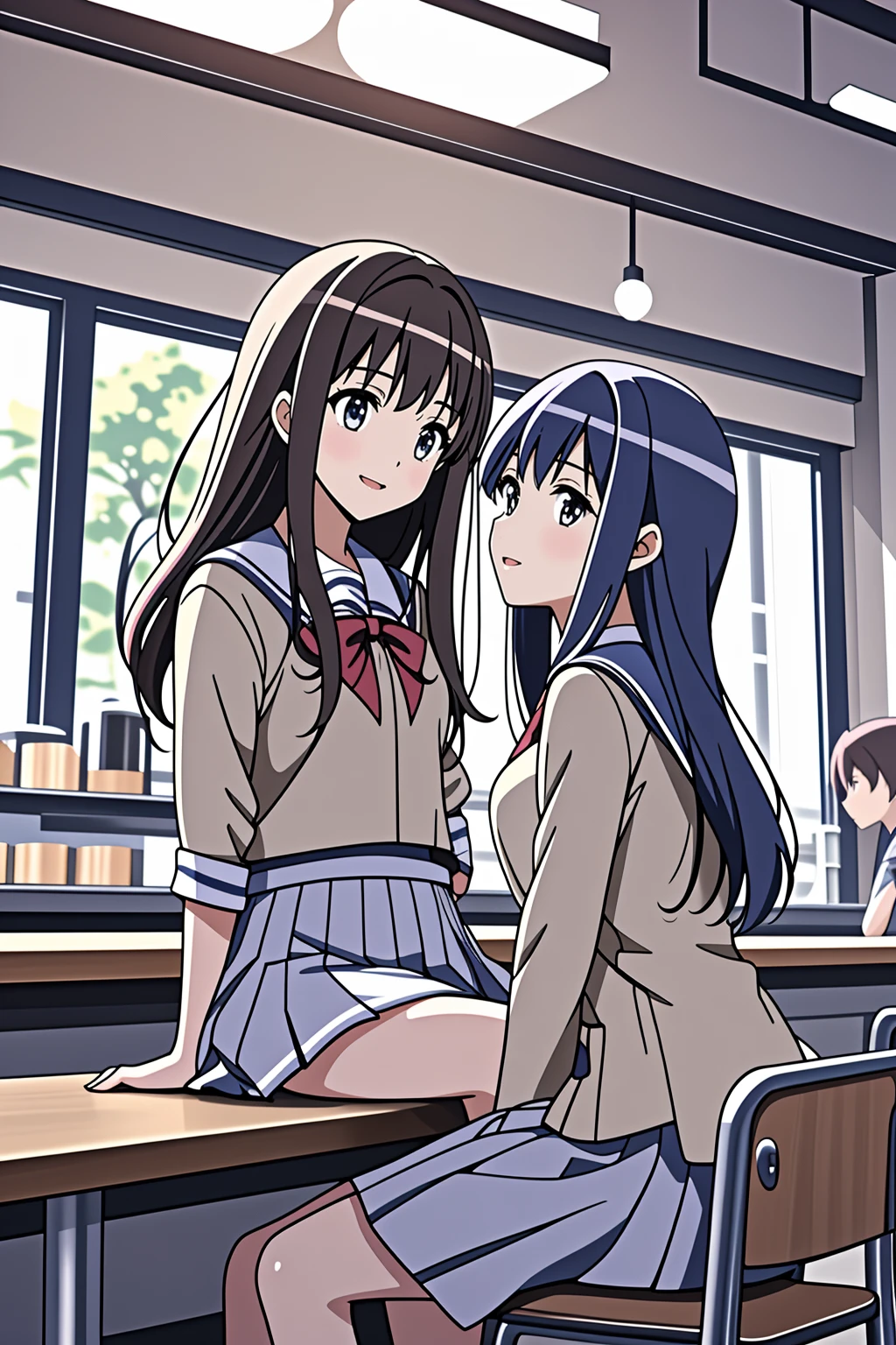 2 girls at coffee shop , sitting, school uniform, joyful talking, (anime) <lora:LCM_LoRA_Weights_SD15:1>