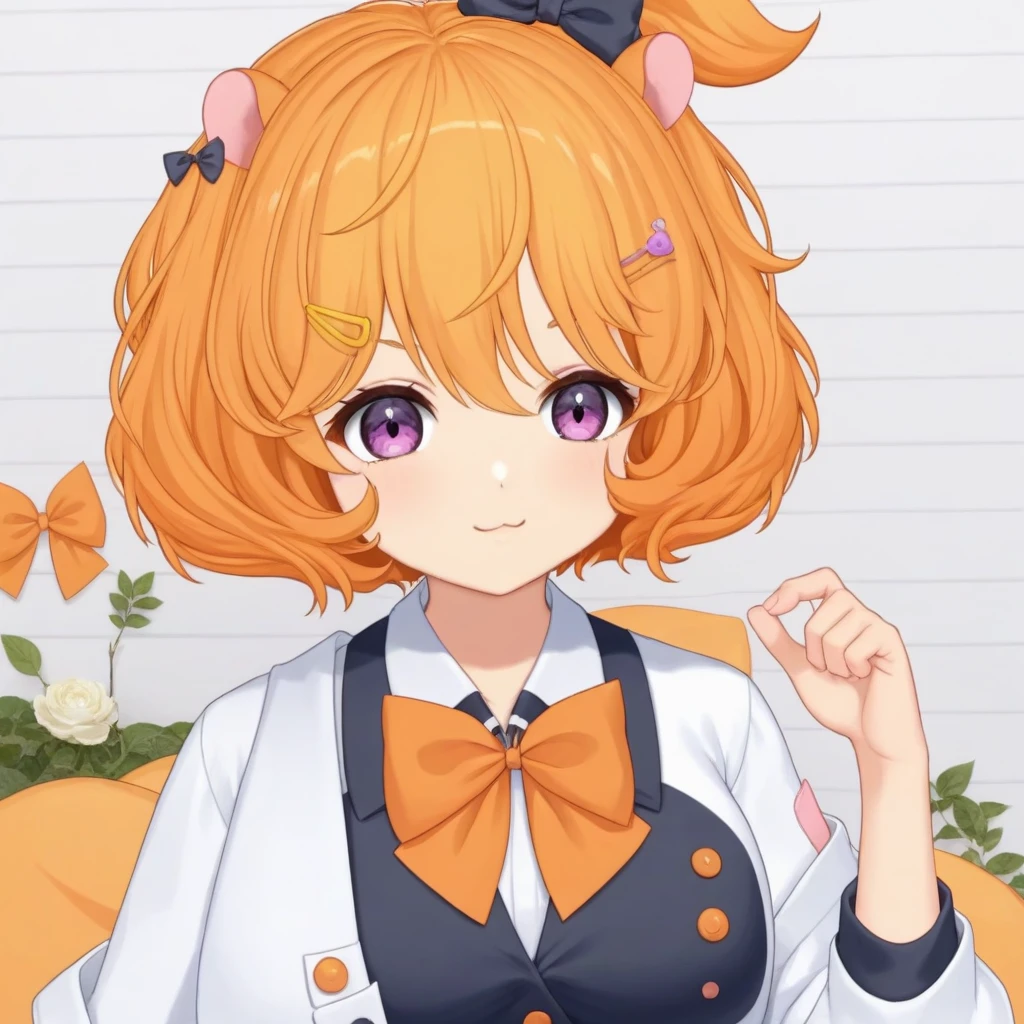 eimi, small hamster ears, orange curly hair, purple gradient eyes, upper body, breasts, white collared shirt, jacket, sleeves past wrist, socks, (orange bow on chest), <lora:EIMI-XLv2-t1-000002:0.6>