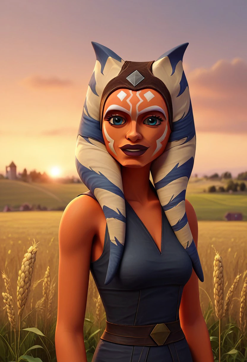 score_9, score_8_up, score_7_up, female, solo, ahsoka, brown headband, orange skin, medium breasts, outdoors, sunset, garden, village, looking at viewer, smile, wheat field, black short dress