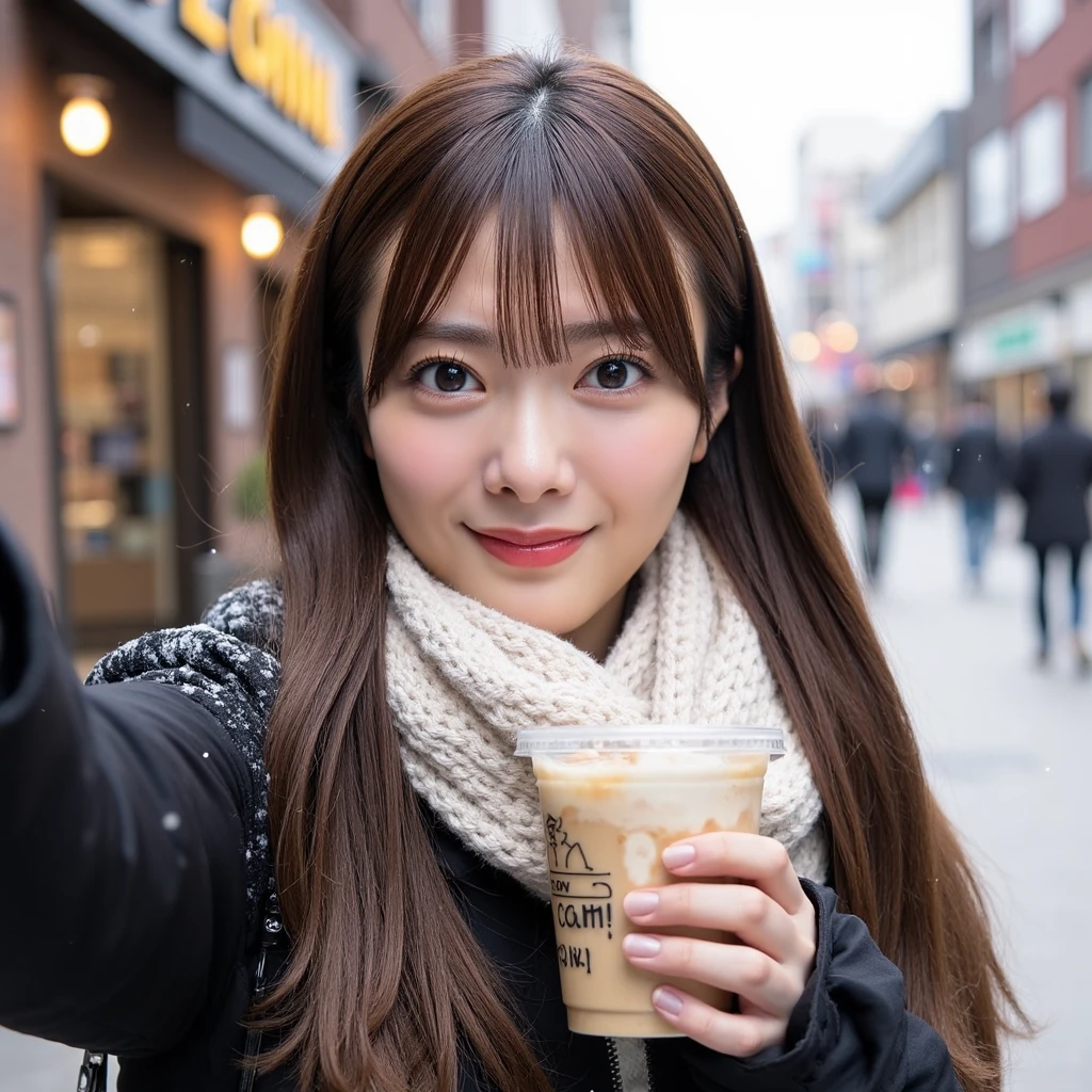 A photo of a woman named Tamura, with long brown hair and bangs. She is wearing a black jacket and a white scarf, holding a hot drink in one hand and taking a selfie with her phone in the other. The background is a commercial street, with snow falling.