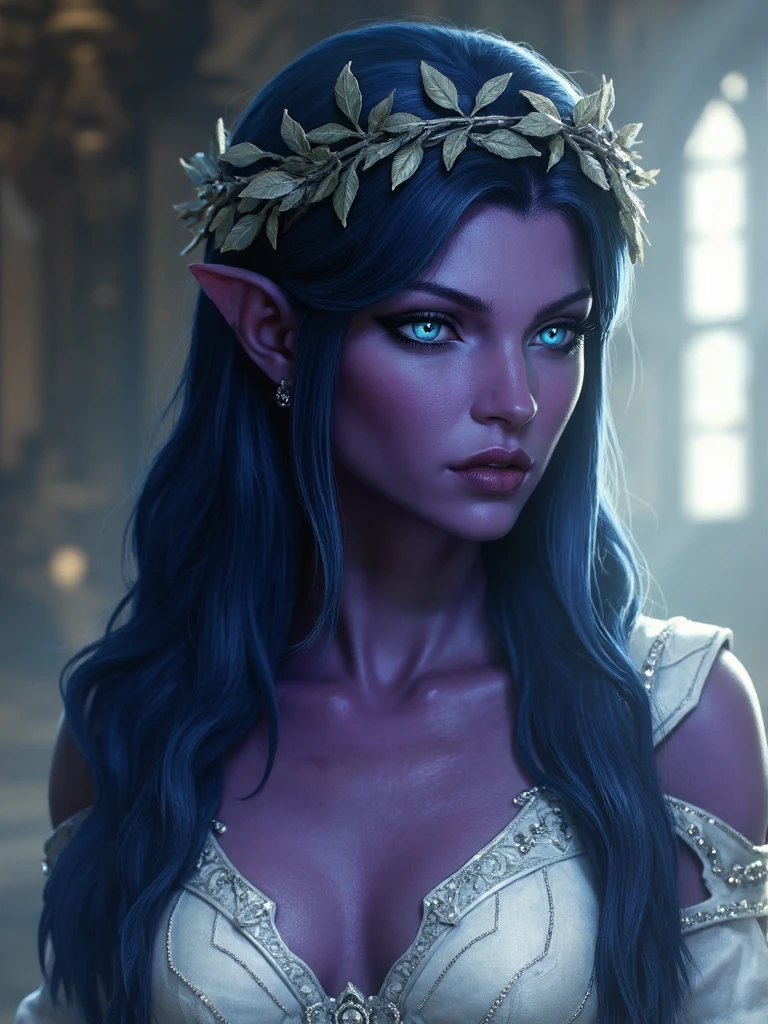 deus ex style, elf woman with dark purple skin and glowing cyan eyes, she have long blue hair, she wearing white dress with silver ornaments and head wreath made of leaves <lora:sxz-Deus-Ex-Smol-Flux:1>