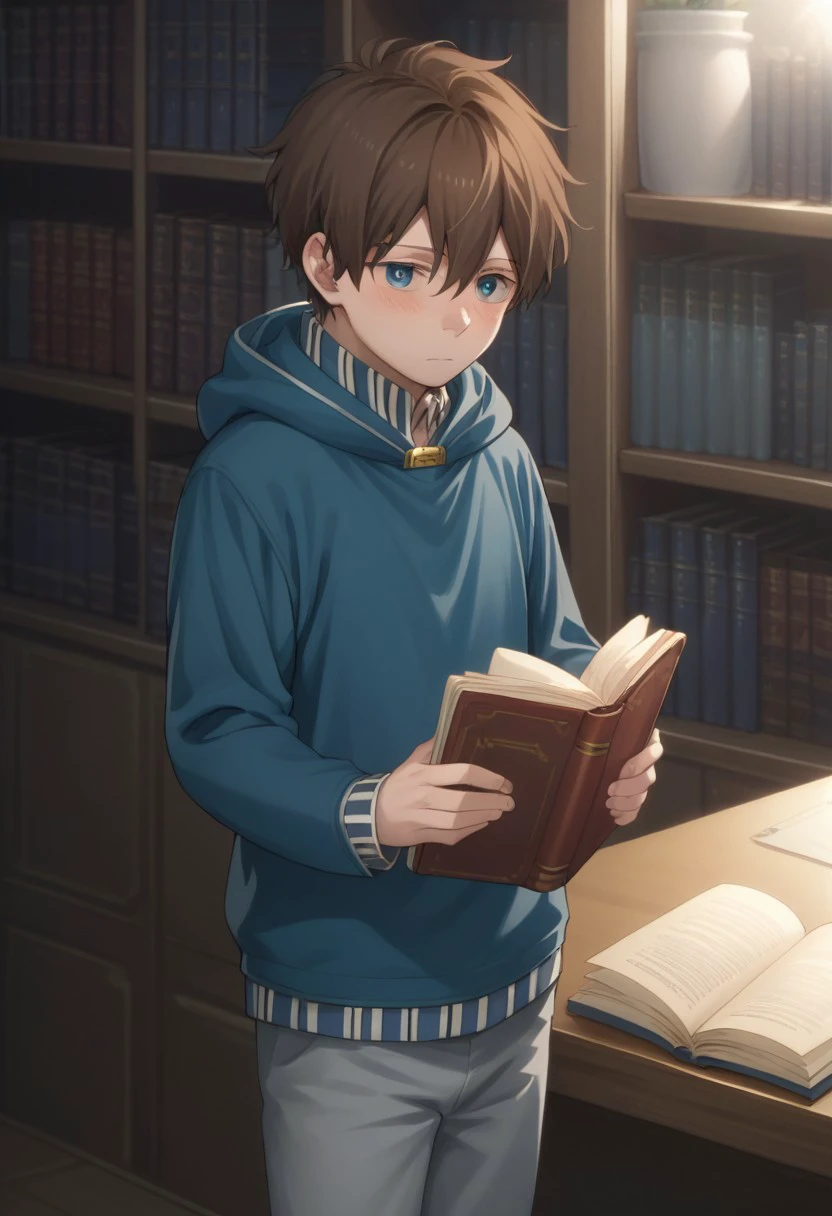 score_9, score_8_up, score_7_up, source_anime, highly detailed, 
ryuu, 1boy, solo, male focus, book, boots, holding book, holding, brown hair, blue eyes, blush, pants, open book, grey pants, long sleeves, hood, hoodie, blue hoodie,
indoor,library,