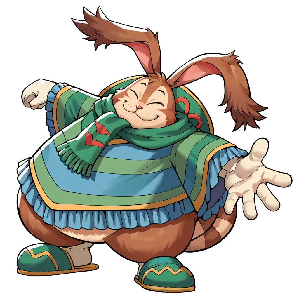 score_9, score_8_up, score_7_up, score_6_up, score_5_up, score_4_up, source_cartoon, niccolo, brown fur, bunny, furry, fat, obese, green clothes, slippers, scarf, eyes closed, looking at viewer, smiling, standing up, forest background, <lora:NiccoloWanderer_Legends_of_Mana_PonyXL:1> niccolo, wanderer