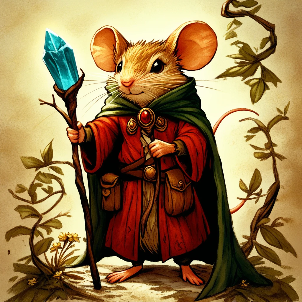 Score_9, score_8_up, score_7_up,MazesAndMice, The image is a digital illustration of a mouse dressed up as a wizard. The mouse is wearing a red and gold robe with a green cape and a gold belt with a red pendant. It has two large ears and is holding a wand with a blue crystal ball on it. The wand is resting on a branch with green leaves and flowers. The background is a light beige color with a subtle texture. The overall style of the illustration is whimsical and magical., solo, cape, holding, flower, staff, pouch, mouse, standing, full body, furry